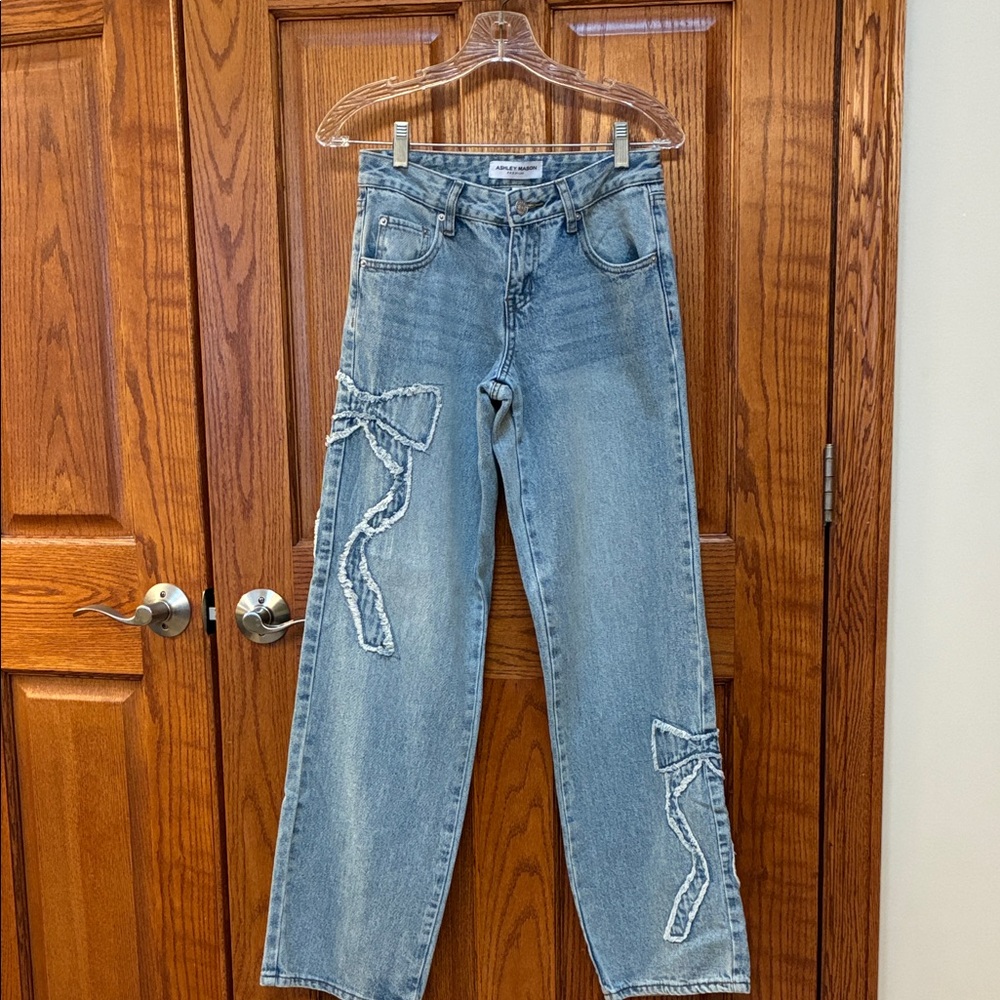 Ashley Mason Light Blue Flare Jeans with Bow Accents, Size 0/24